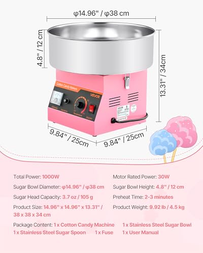 VEVOR Cotton Candy Machine Commercial, 1000W Electric Candy Floss Maker, Easy Use with 15 inch Stainless Steel Bowl and Sugar Scoop, Makes Hard Candy for Home Kids Birthday, Family Party, Pink