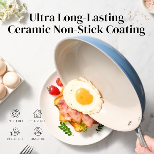 Redchef Ceramic Non Stick Egg Pans, Nonstick Frying Pan Skillet, 8 inch Cooking Pan Non Toxic with Stay Cool Handle for Induction, PTFE & PFAS & PFOA Free, Dishwasher/Oven Safe (Blue)