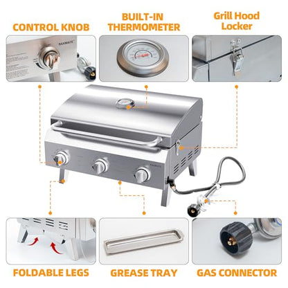 Tabletop Gas Grill 3-Burner, 22-inch Portable Propane Grill, 30,000 BTUs Stainless Steel Grill with Foldable Legs, Ideal for BBQ, Camping, Patio, Backyard, Tailgate, and Holiday Gatherings
