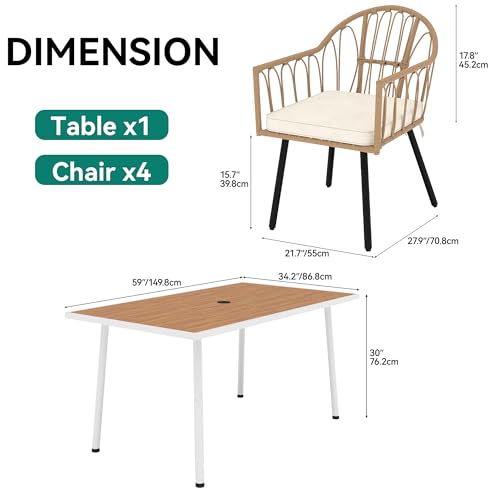 YITAHOME Outdoor Patio Dining Set 5pcs 59" Outdoor Table and Chairs Patio Dining Furniture Sets for 4/6 with Umbrella Hole Outdoor Dining Table Set for Garden Lawn Porch Indoor Brown
