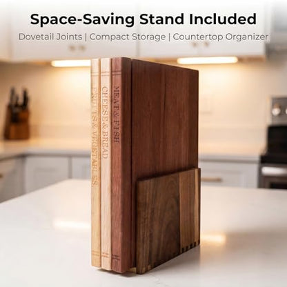 TRYLIFE Book Cutting Board Set of 3 with Stand - The Cutting Board Library, Wood Cutting Boards & Wooden Utensil Set - Charcuterie Boards for Kitchen, Home Decor Gift
