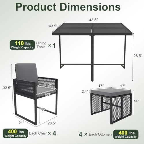 Tangkula 9 Pieces Patio Dining Set, Outdoor Space-Saving Furniture Set with PE Rattan Chairs, Tempered Glass Table and Ottomans, Outdoor Sectional Conversation Set with Cushions for Yard