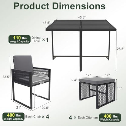 Tangkula 9 Pieces Patio Dining Set, Outdoor Space-Saving Furniture Set with PE Rattan Chairs, Tempered Glass Table and Ottomans, Outdoor Sectional Conversation Set with Cushions for Yard
