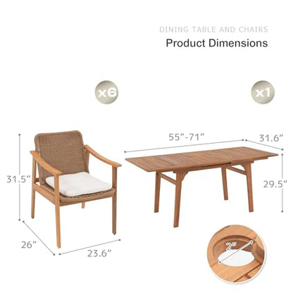 SUNSITT 7-Piece Outdoor Patio Dining Set, 55" - 71" Acacia Wood Expandable Outdoor Table Set with Umbrella Hole, 6 Woven Rattan Chairs w/Removable Cushions for Backyard, Porch, Deck