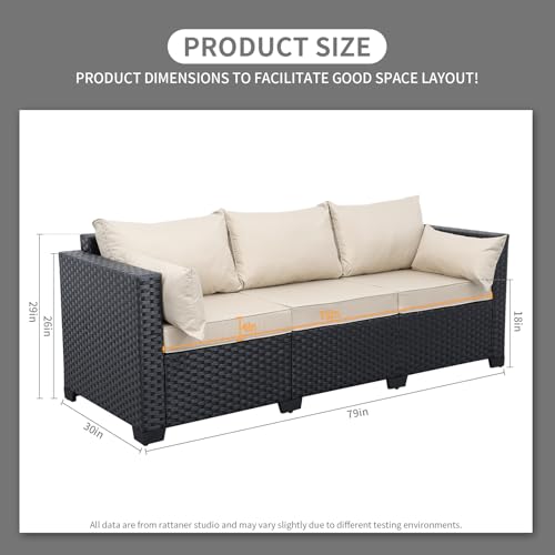 Rattaner Patio Furniture 3-seat Sofa Wicker Outdoor Furniture Outdoor Couch Deep Seat Hight Backrest Waterproof Cover Anti-Slip Cushions, Khaki