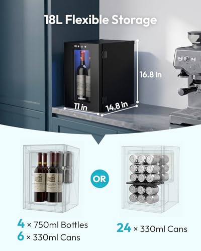 EUHOMY 18L Freestanding Counter-top Wine Fridge Mini Fridge, 4 Bottle and 6 Can Wine Cooler for Red White Wine, Wine Cellar with LED Digital Temperature Display Quiet, Black