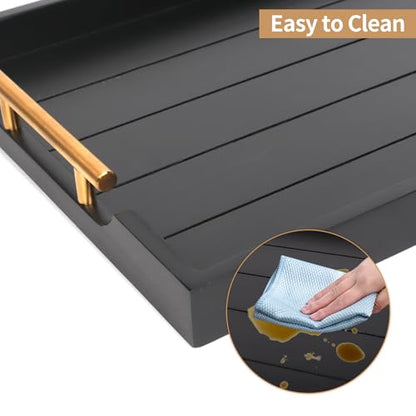 SXNOWS Coffee Table Trays - Large Ottoman Tray for Living Room -Wood Serving Tray with 2 Sets of Handles - Wooden Tray for Coffee Table, 4 Round Coasters Included, Black