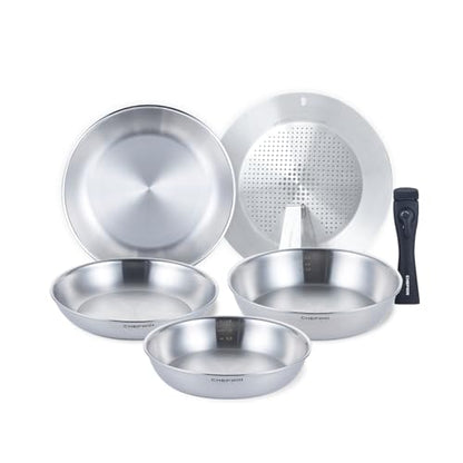 Chefwin 316 Stainless Steel Removable Handle Cookware, 5-Ply Stackable Cookware Set, 6-Piece Pans with Universal Lid, Induction Compatible, Oven & Dishwasher Safe