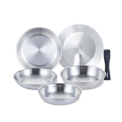 Chefwin 316 Stainless Steel Removable Handle Cookware, 5-Ply Stackable Cookware Set, 6-Piece Pans with Universal Lid, Induction Compatible, Oven & Dishwasher Safe