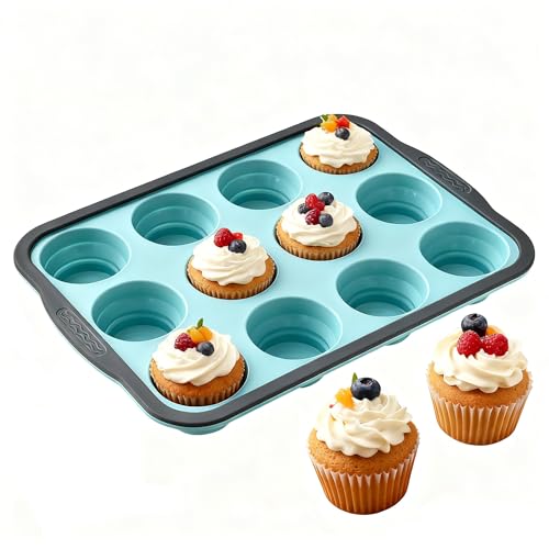 LGQUK Silicone Muffin Pan for Baking with Metal Frame， Nonstick Cupcake Pan， 12 Cup Baking Pan for Cupcake, Tarts, Egg Bites(12 Cup Green)