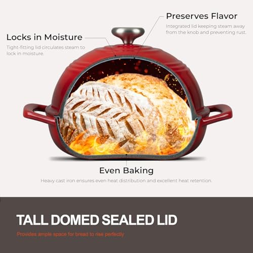 Overmont Enameled Cast Iron Bread Oven - 6QT Bread Dutch Oven for Sourdough Baking - Bread Pot with Dome Lid Cotton Potholders & Cookbook - Multi-Functional Bread Pan For Baking Frying Roasting