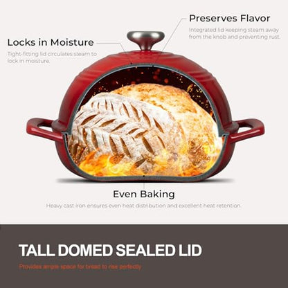 Overmont Enameled Cast Iron Bread Oven - 6QT Bread Dutch Oven for Sourdough Baking - Bread Pot with Dome Lid Cotton Potholders & Cookbook - Multi-Functional Bread Pan For Baking Frying Roasting