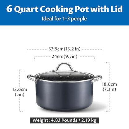 BEZIA 6 Quart Cooking Pot, Non Stick Induction Stock Pots with Lid, All Stove Compatible, 6 QT Aluminum Soup/Stew Pot For Small Households, Grey