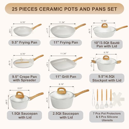 EWFEN Nonstick Pots and Pans Set, 25-Piece Ceramic Cookware Set, Induction Kitchen Cooking Set with Frying Pans Saucepans & Utensils, Healthy Non-toxic, PFAS/PTFE/PFOA Free, White