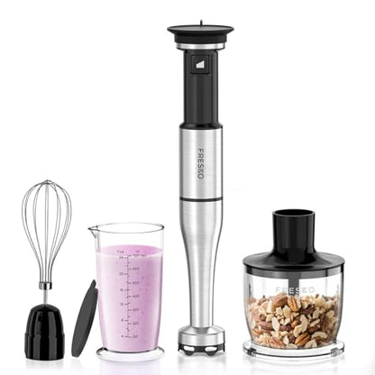 FRESKO Immersion Blenders Handheld, Variable Speed Trigger, 4-In-1 Stainless Steel Hand Blender with Food Chopper, Egg Whisk & 24oz Beaker, Stick Mixers for Baby Food, Soups, Smoothies, Sauce