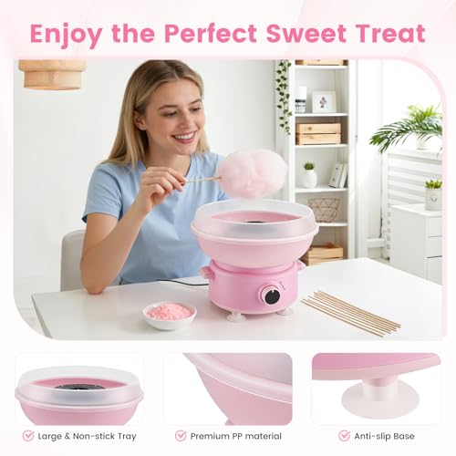 Cotton Candy Machine, Mini 450W Cotton Candy Maker with 10 Reusable Sticks & Sugar Scoop, Anti-Slip Base & Detachable Splatter Guard – Homemade Sugar Floss Kit for Birthday, Party, Christmas Gift