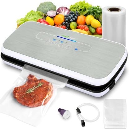 NutriChef Automatic Vacuum Air Sealing System for Food Preservation with Starter Kit, Compact Design, Lab Tested, Dry & Moist Food Modes with Led Indicator Lights, Silver