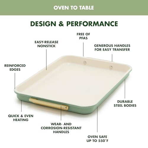 GreenPan Bakeware Set, 7 Piece Nonstick Ceramic Gold Handle Baking Sheets, Cake Pans, Loaf Pan, Muffin Tin, Cooling Rack, PFAS & BPA Free, Freezer to Oven Dish, Bake & Roast Ovenware, Sage Green