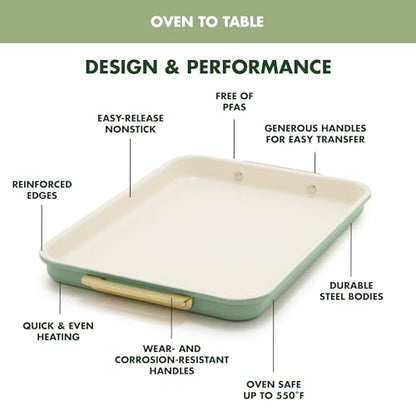 GreenPan Bakeware Set, 7 Piece Nonstick Ceramic Gold Handle Baking Sheets, Cake Pans, Loaf Pan, Muffin Tin, Cooling Rack, PFAS & BPA Free, Freezer to Oven Dish, Bake & Roast Ovenware, Sage Green