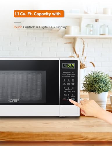 Commercial Chef 1.1 Cu. Ft. Countertop Microwave Oven, Touch Controls with Digital LED Display, 1100W Microwave, Push Button Door, 10 Power Levels, CHCM11100W, White