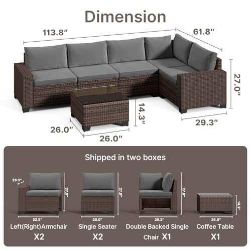 Gizoon 6-Piece Outdoor Patio Furniture Set, PE Wicker Rattan Sectional Sofa