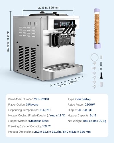 VEVOR Commercial Ice Cream Machine, 20-28L/H Yield, 2200W 3-Flavor Countertop Soft Serve Ice Cream Maker with 2 x 6L Hoppers & Built-In Puffing Pump, Pre-Cooling Low-Mix Alert for Snack Dessert Shops