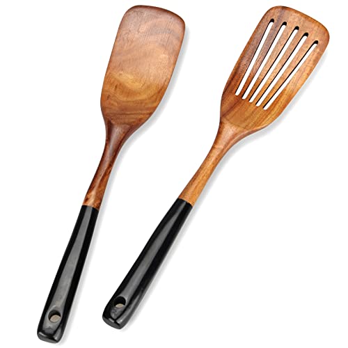 2 Pcs Best Wooden Spatula Set for Cooking Kitchen Slotted Turner Spatula Flat Wood Wok Spatula Non Stick Cooking Utensils for Frying Mixing Teak Fish Spatula Turner Black Egg Flipper Spatulas