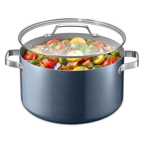 Bakken 12.5 Quart Ceramic Coated Stock Pot with Lid, Easy Clean Nonstick Pot, Tempered Glass Lid, Riveted Stainless Steel Handles, Oven Safe Up To 500°F, PTFE & PFAS Free, All Stove Compatible, Blue