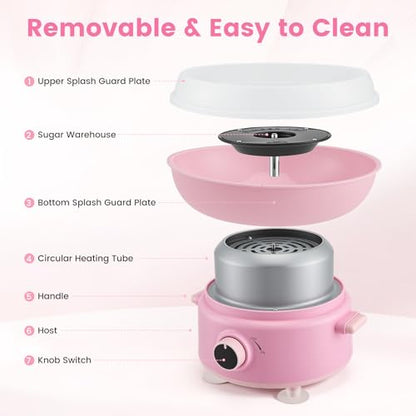 Cotton Candy Machine, Mini 450W Cotton Candy Maker with 10 Reusable Sticks & Sugar Scoop, Anti-Slip Base & Detachable Splatter Guard – Homemade Sugar Floss Kit for Birthday, Party, Christmas Gift