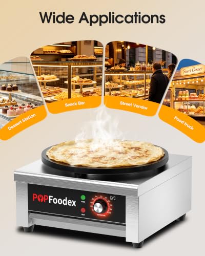 Popfoodex Commercial Crepe Maker - Independent Temperature Control, 1500W Electric Crepe Machine, 16 Inch Pancake Making Machine w/Nonstick Stainless Steel Plate, for Commercial Kitchen Use
