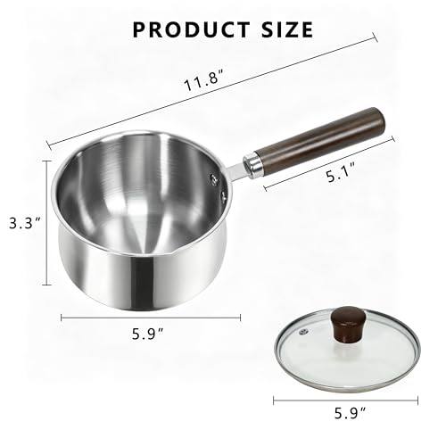 GREATLINK Small Sauce Pan with Lid and Wooden Handle for Cooking - 1 Quart Stainless Steel Saucepan with Pour Spout for Heating Milk, Melting Chocolate, Warming Sauces - Small Pot for All Cooktop