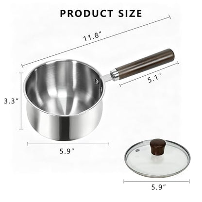 GREATLINK Small Sauce Pan with Lid and Wooden Handle for Cooking - 1 Quart Stainless Steel Saucepan with Pour Spout for Heating Milk, Melting Chocolate, Warming Sauces - Small Pot for All Cooktop