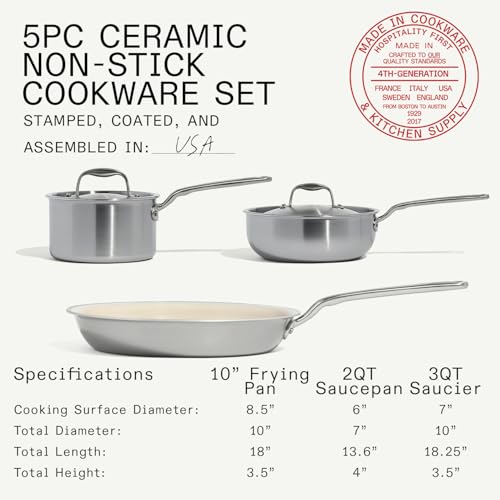 Made In Cookware | 5 Pc Ceramic Non Stick Cookware Set | 5 Ply Clad | Includes Ceramic Non Stick Frying Pan, Saucepan and Saucier with Lid | Professional Cookware