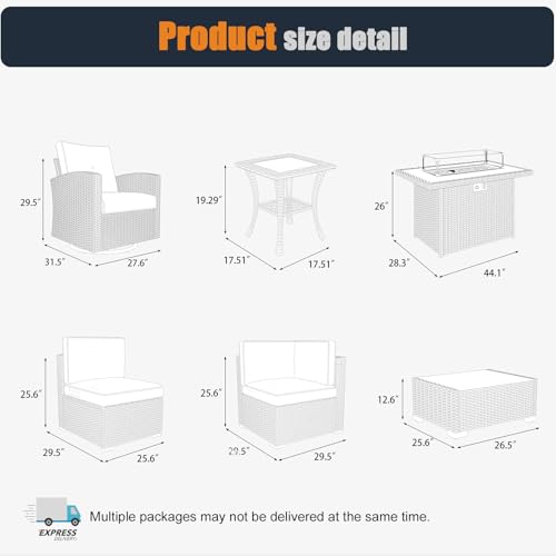 KHOLH Patio Furniture Set with Fire Pit Table, 11 Pieces Outdoor All-Weather Wicker Conversation Sectional Chair Sofa Set with 2 Swivel Chairs
