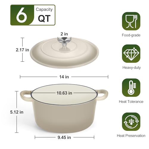 P&P CHEF 6QT Enameled Dutch Oven, Cast Iron Dutch Oven Pot with Lid for Bread Baking, Enameled Casserole Pot for Roasting Braising Stewing Frying Simmering, Various Stoves & Easy Clean, Khaki