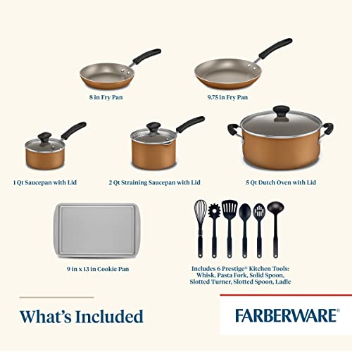 Farberware Cookstart Aluminum DiamondMax Nonstick Cookware Set, Kitchen Essentials, 15-Piece, Copper