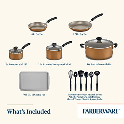 Farberware Cookstart Aluminum DiamondMax Nonstick Cookware Set, Kitchen Essentials, 15-Piece, Copper