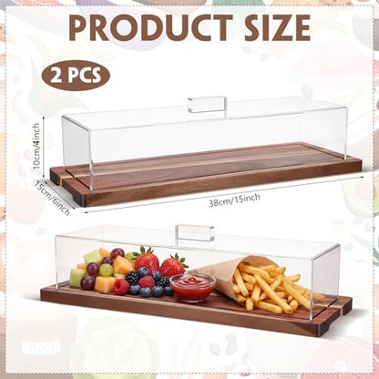 Mifoci 2 Pack Acacia Wood Cake Stand Serving Tray with Acrylic Lid, 15 x 6 x 4 Inches Charcuterie Table Display Set, Dessert Serving Tray Set for Bakery, Buffet, Home Party & Restaurant