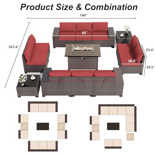 ALAULM 13 Pieces Outdoor Patio Furniture Set with Propane Fire Pit Table Outdoor Sectional Sofa Sets Patio Furniture 43" Gas Fire Pit Brown PE Rattan Patio Conversation Set w/10 Cushions (Rose Red)