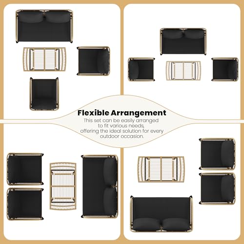 Yaheetech 4 Piece Patio Furniture Set, Outdoor Wicker Conversation Sets, Boho Loveseat & 2 Armchairs with Cushion and Pillow, Glass Top Table for Backyard, Porch, Balcony, Deck - Tan/Black