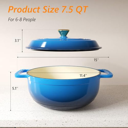 Bonnlo 7.5QT Round Dutch Oven, Enameled Cast Iron Dutch Oven Pot with Lid & Dual Handles, Oven Safe Up to 500° F, for Sourdough, Bread Baking, Stews and Roasting (Blue)