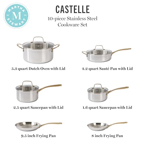 Martha Stewart Castelle 10 Piece 18/8 Durable Stainless Steel Induction Safe Pots and Pans Non-Toxic Kitchen Cookware Set - Gold Handles - Dishwasher Safe