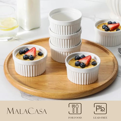 MALACASA Ramekins 4 oz Oven Safe, Porcelain Creme Brulee Ramekins Pudding Custard Cups Small Ceramic Souffle Dishes Ramakan Ramiken Ramicans Baking Bowls Set of 6, White, Series RAMEKIN-DISH