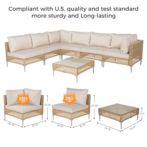 Grand patio 4-Piece Wicker Patio Furniture Set, Boho Outdoor Conversation Set Sectional Sofa with Water Resistant Thick Cushions and Coffee Table, Cream