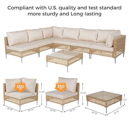 Grand patio 4-Piece Wicker Patio Furniture Set, Boho Outdoor Conversation Set Sectional Sofa with Water Resistant Thick Cushions and Coffee Table, Cream