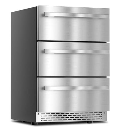RLPI 3 Drawer Outdoor Beverage Refrigerator Undercounter, Hold 180 Cans 24 inch Weather Proof Stainless Steel Beverage Fridge, Built-in & Freestanding Beverage Cooler Fridge for Soda, Beer, Fruit