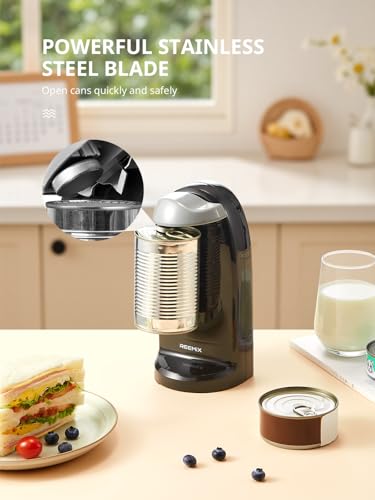 Reemix Electric Can Opener, One-Touch Operation, Knife Sharpener and Bottle Opener 3 in 1, Easy Clean Kitchen Tool for Home Use, Automatic Can Opener