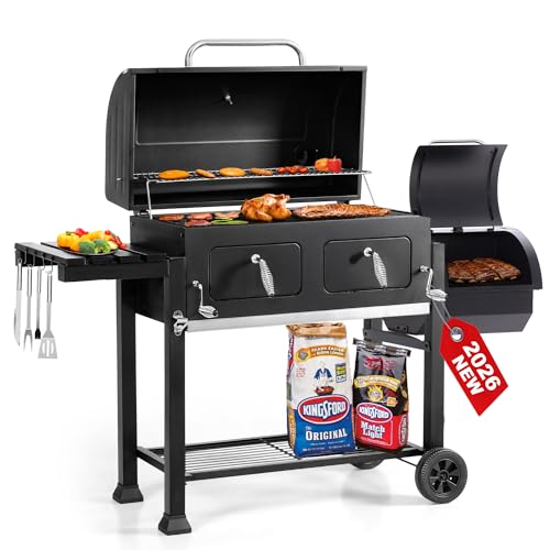 30 Inch Barrel Charcoal Grill and Offset Smoker, 1015 sq. in. Cooking Area Outdoor BBQ Grill, Perfect for Outdoor Cooking Barbecue Patio Garden Backyard Party