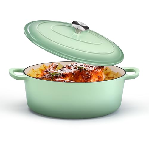 P&P CHEF Oval Dutch Oven with Lid, Enameled Cast Dutch Oven Pot for Bread Baking, Braising, Stewing, Roasting, Non-Stick & Oven Safe, Dual Handles & Easy Clean, 5QT & Pistachio Green, Valentine's Day