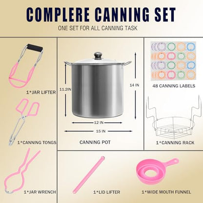 Canning Pot Water Bath Canner with Rack and Lid, 21.5 Quart Stainless Steel Stock Pots, Canning Supplies Starter Kit, Jar Lifter Tongs, Funnels and Full Canning Accessories Tools Set, Pink